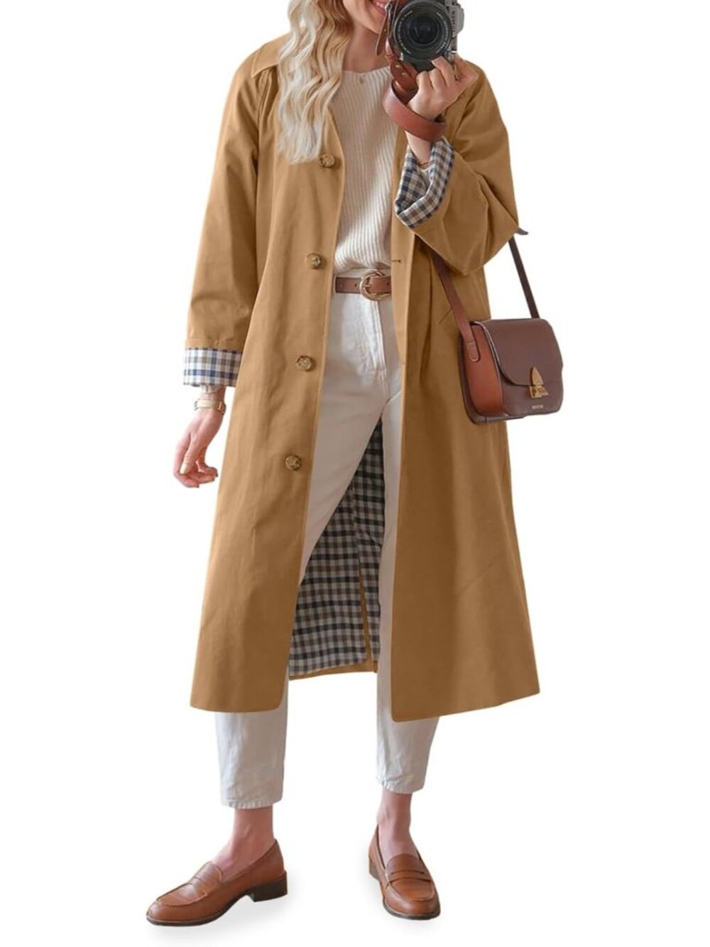 Women's Camel Long Sleeve Oversized Single Breasted Windproof Winter Trench Coat